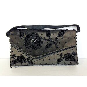 Vintage Beaded Clutch Purse Black Flowers Floral Art Deco look